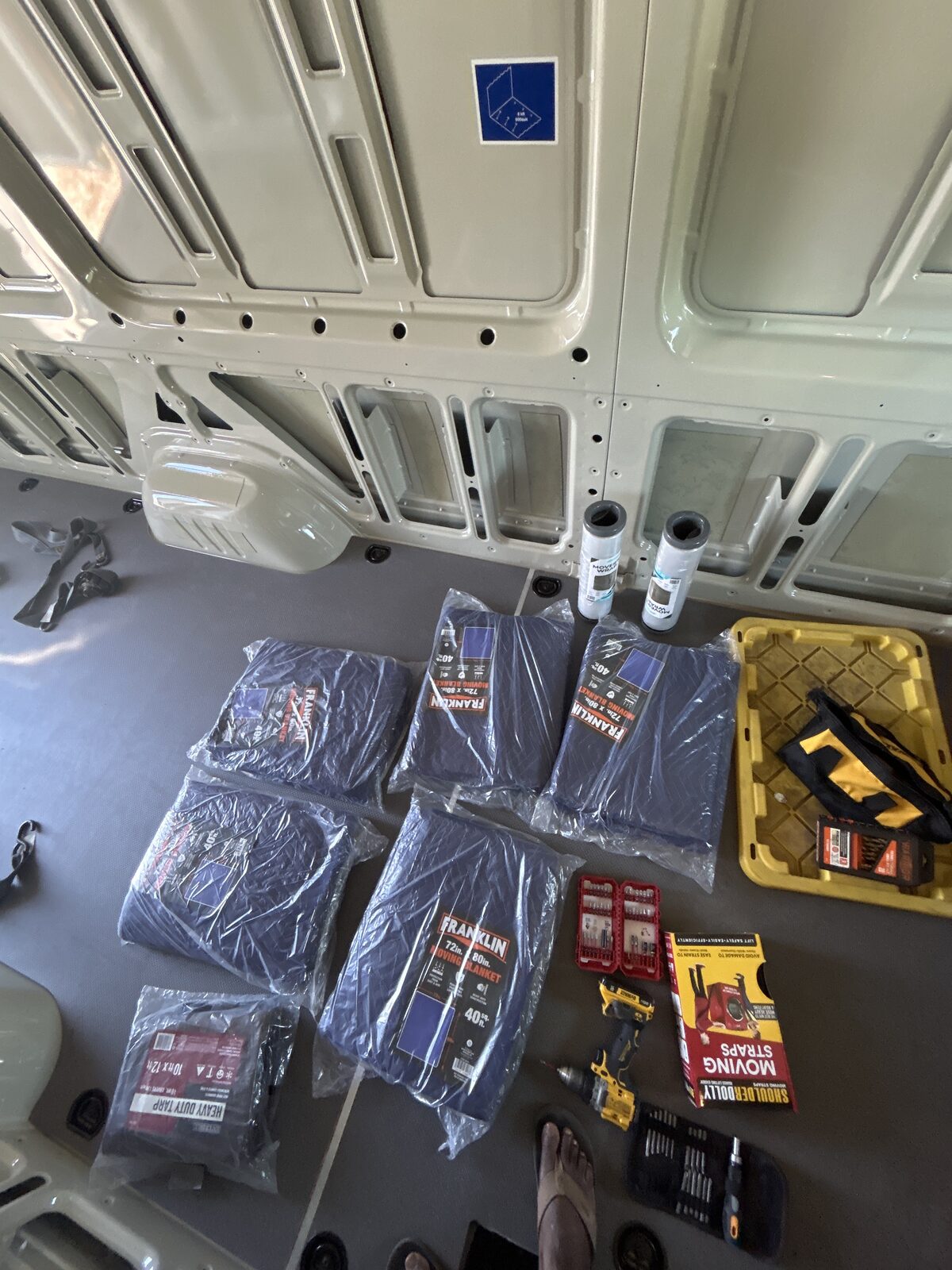 Overhead view of the van packed with moving supplies